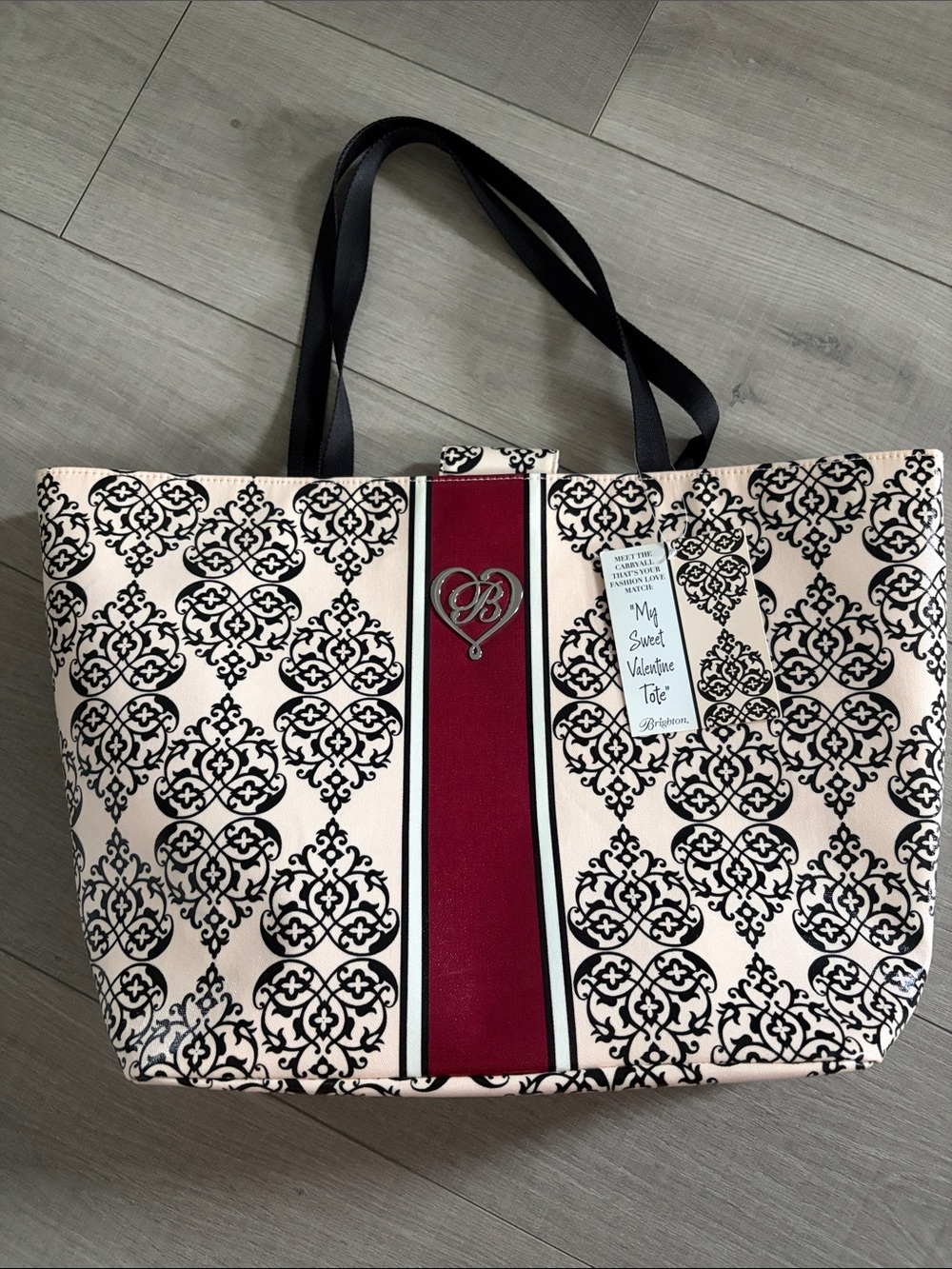 Brighton “My Sweet Valentine Tote.” Pink and Black Patterned w/ Burgundy Stripe